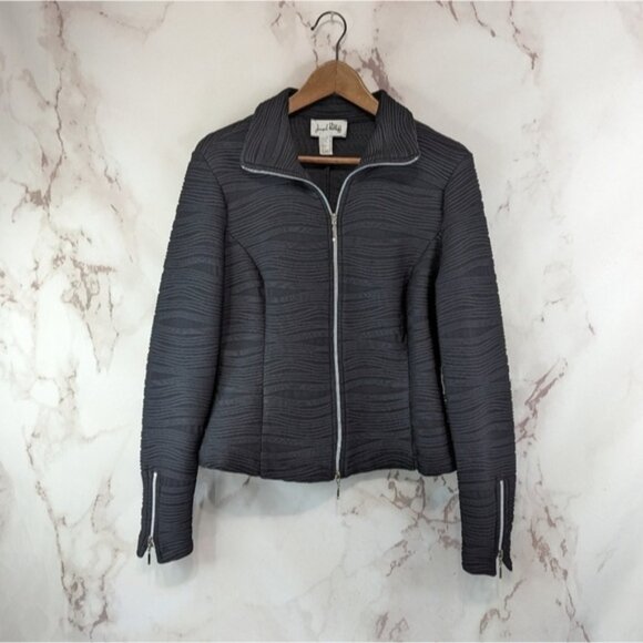 Joseph Ribkoff Jacket Womens Large 14 Black Zip Ribbed Textured Artsy - Picture 1 of 11